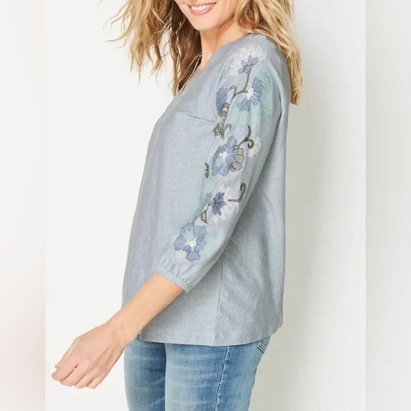 J.Jill Women Embroidered Striped Knit Top Powder Blue Size XL Floral V Neck - Picture 2 of 7